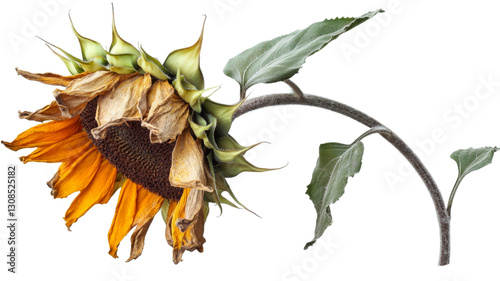 Withered sunflower with hanging head and transparent background