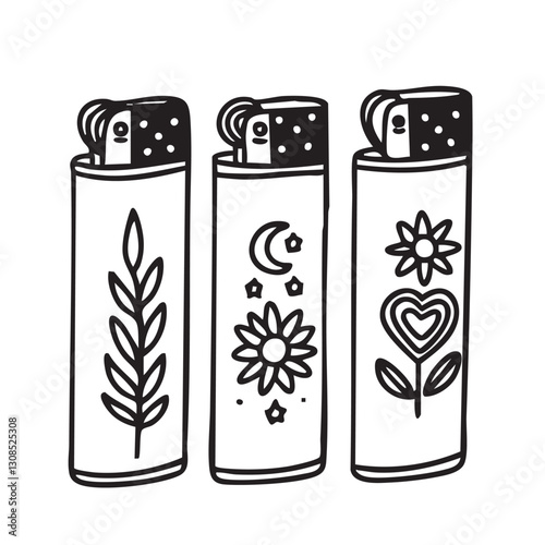 Collection of lighters in doodle style. Hand drawn vector art.
