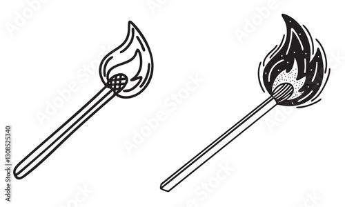 Set of two match with flame in doodle style. Hand drawn vector art.