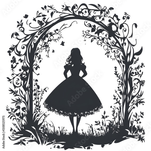 A alice in wonderland vector stencil design, black on white laser engraving	

