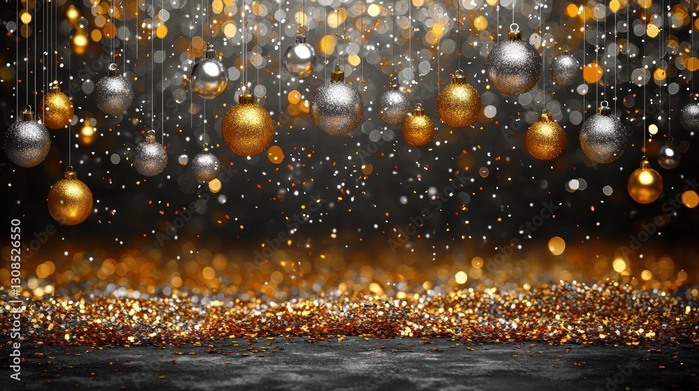 Luxurious black and gold background featuring a collection of shimmering gold and silver balls Luxurious black and gold background featuring a collection of shimmering gold and silver balls