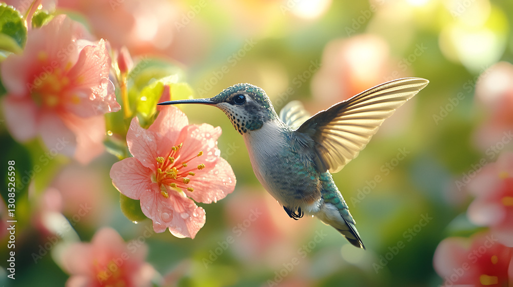 Naklejka premium Hummingbird in flight amid delicate pink flowers, macro wildlife, spring garden, ethereal nature