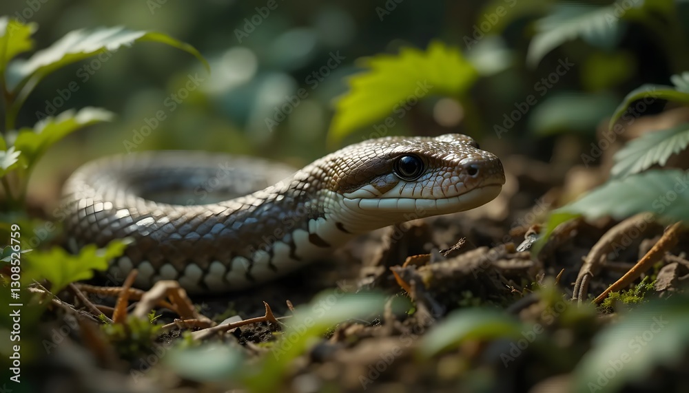 Garter Snake Exploring Ground Cover in Natural Habitat Close Up Garter Snake Exploring Ground Cover in Natural Habitat Close Up