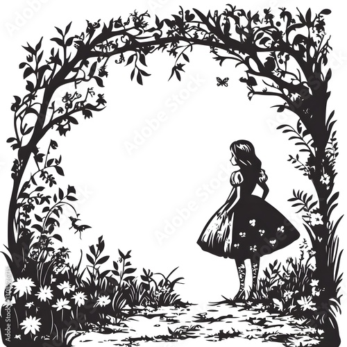 A alice in wonderland vector stencil design, black on white laser engraving	
