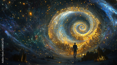 A lone figure walks towards a swirling galaxy of light and cities.