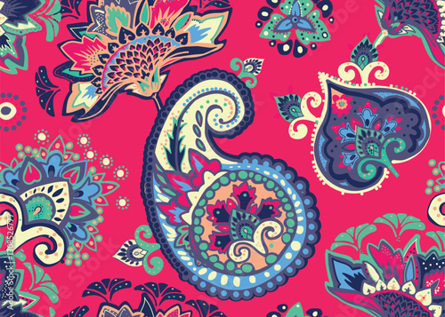 Seamless paisley pattern in Oriental style with floral and ethnic motifs for printed fabric, wallpaper, and packaging