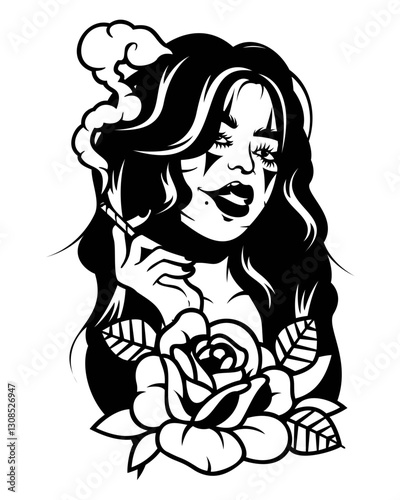 Joker Woman Clown | Floral Joker | Woman Smoking | Fashioned Girl | Joker Woman with Flowers | Messy Hair | Joker Face | Killer Smile | Original Illustration | Vector and Clipart | Cutfile and Stencil