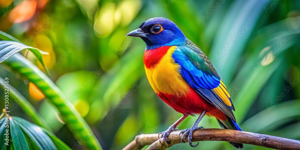 Vibrant Plumage of a Tropical Bird Perched on a Branch Amidst Lush Greenery Vibrant Plumage of a Tropical Bird Perched on a Branch Amidst Lush Greenery