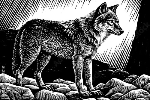 wolf on rocky stage black and white hand drawn sketch