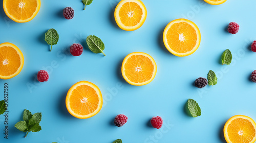 Orchard Burst: Overhead shot of sliced oranges, raspberries, blackberries and mint leaves artfully arranged on a vibrant blue surface