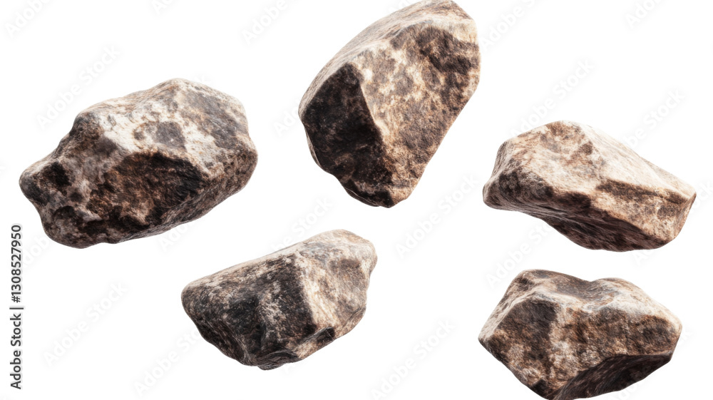 Five floating rough rocks with transparent background Five floating rough rocks with transparent background