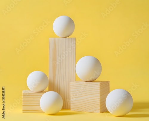 Geometric wooden blocks with white spheres on yellow background