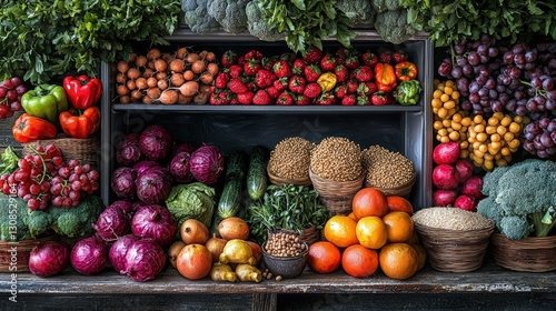 A vibrant display of fresh fruits and vegetables arranged in a market setting for optimal appeal