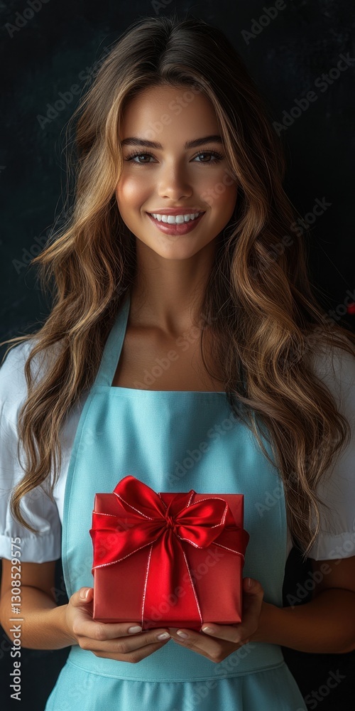 Smiling shopkeeper holding a red gift box with a bow Smiling shopkeeper holding a red gift box with a bow