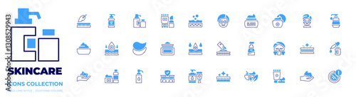 Skincare icon collection. Bold line style. Duotone colors. skincare, cream, face mask, shaving foam, shower gel, cosmetics, eye mask, skin care, exfoliant