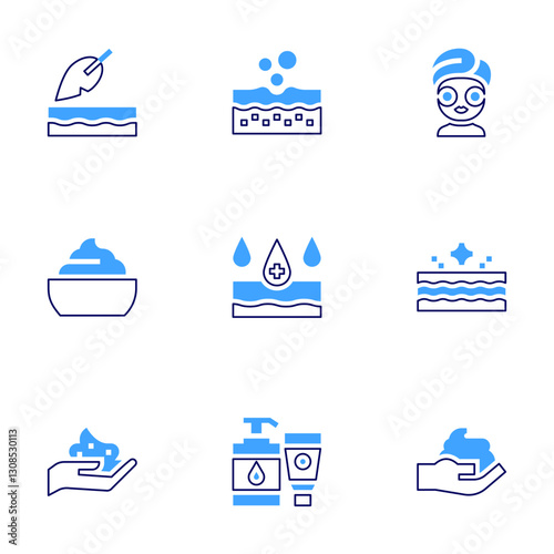 Skincare icon set. Bold line style. Duotone colors. Editable stroke. cream, shaving foam, face mask, skin care, exfoliant, cleansing, sensitive skin