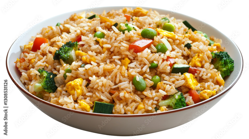 Bowl of delicious fried rice with vegetables and scrambled eggs on transparent background Bowl of delicious fried rice with vegetables and scrambled eggs on transparent background