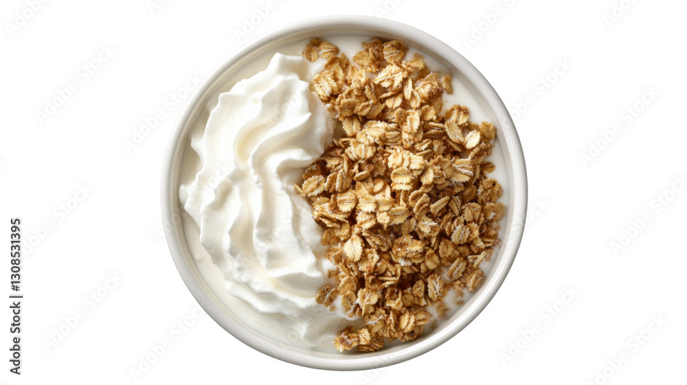 Bowl of yogurt topped with whipped cream and granola on transparent background Bowl of yogurt topped with whipped cream and granola on transparent background