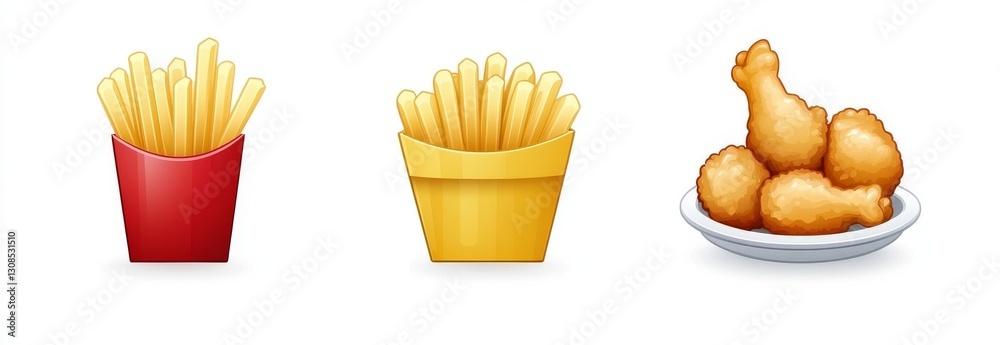 French fries in a red container, a wrap with various fillings, and crispy fried chicken legs are arranged on a white background French fries in a red container, a wrap with various fillings, and crispy fried chicken legs are arranged on a white background
