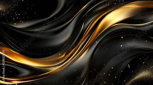 Abstract black and gold waves with glitter