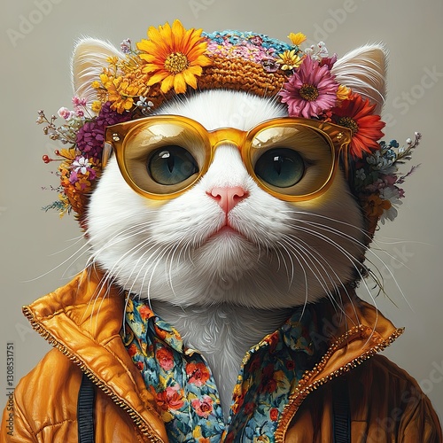 Stylish cat portrait, fashionable cat wearing sunglasses and floral accessories, trendy feline fashion concept. Pet fashion photography, stylish animal portraits. Pet glamour