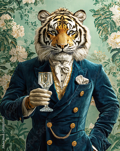 Elegant tiger in a royal suit, luxury tiger portrait in aristocratic fashion, sophisticated animal illustration. Luxury animal portraits, anthropomorphic art. King Tiger portrait with elegance suit.