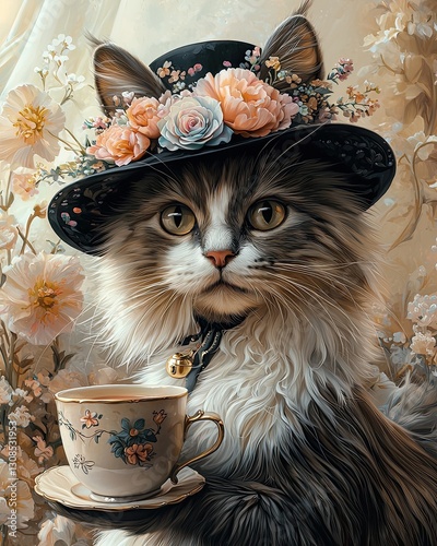 Vintage cat portrait, elegant cat with floral hat and teacup, vintage cat portrait in classic Victorian style. Vintage pet portraits, Victorian cat illustrations. Tea party cat. Fashionable cat.