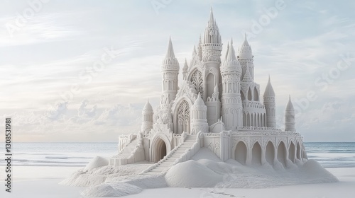 A breathtaking white sandcastle with intricate architectural details, standing against a soft sky. This fairytale-like creation evokes a sense of magic, creativity, and wonder.  
