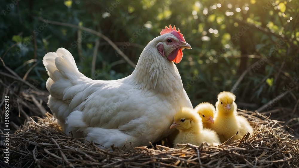 Fototapeta premium Hen with cute chicks resting in a nest, enjoying warm sunlight in a natural setting