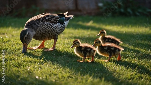 Mother duck and her ducklings pecking at the grass in the sunlight