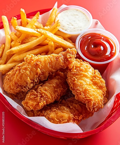 Golden crispy fried chicken tenders with French fries, served with ketchup and ranch dipping sauces in a red basket