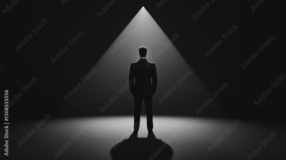 Obraz premium Man in Spotlight: A silhouette of a confident man stands centered under a spotlight, exuding an air of mystery and focus. The scene creates a strong sense of anticipation and drama. 