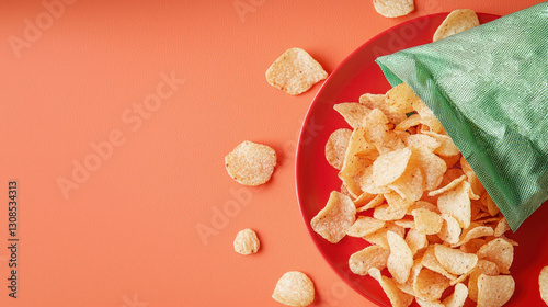 Food Addiction and Overeating Linked to Stress Eating, Crispy chips spilling from green bag onto red plate photo