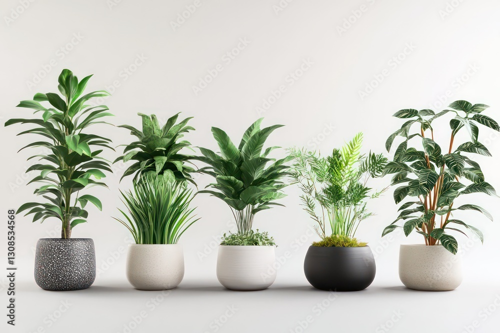 Fototapeta premium A collection of 3D-rendered houseplants in stylish ceramic pots.