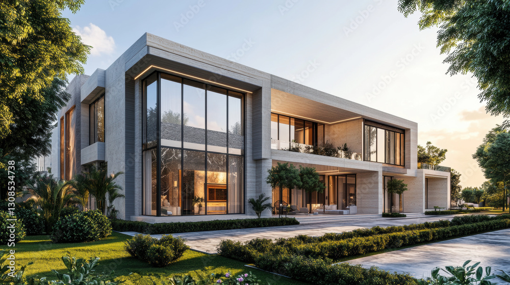 Fototapeta premium Modern Concrete House with Large Windows and Landscaping