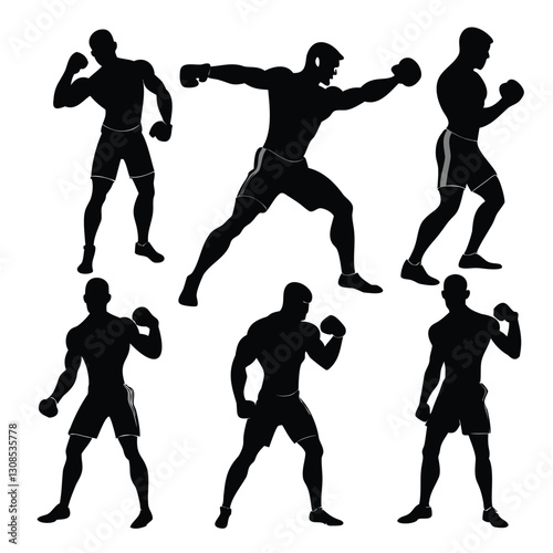 different poses modern boxer icons of silhouette vector illustration 24508