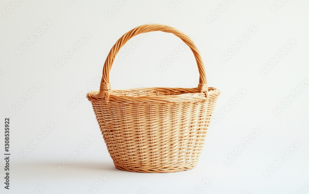 Woven basket with a curved handle displayed against a neutral background indoors Woven basket with a curved handle displayed against a neutral background indoors