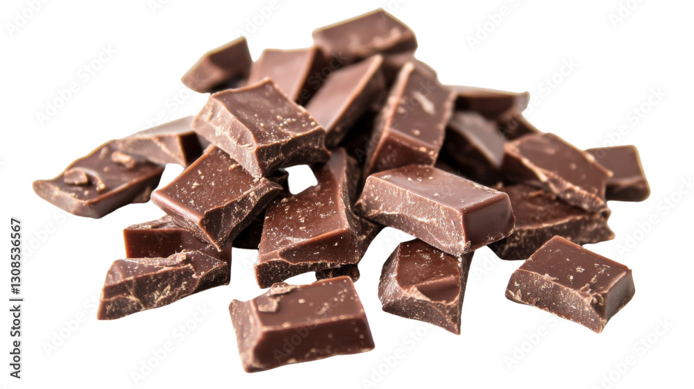 Delicious chocolate chunks piled up on transparent background Delicious chocolate chunks piled up on transparent background