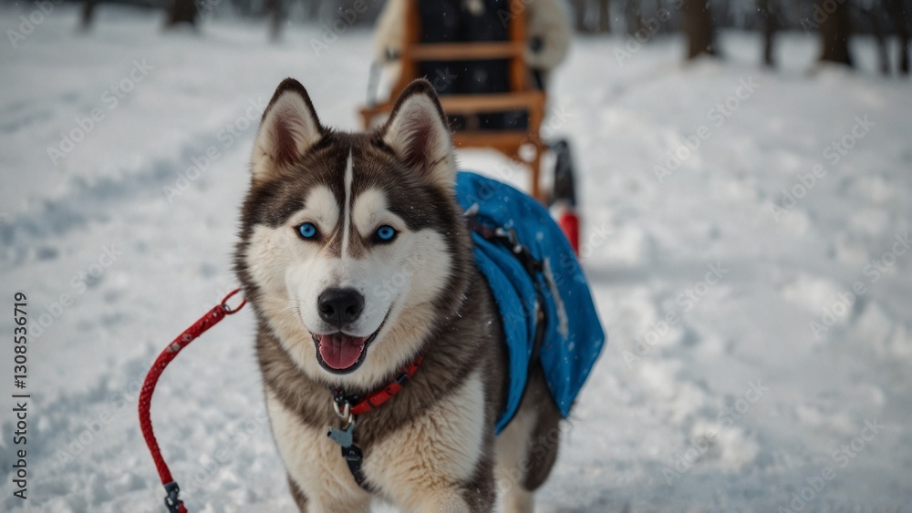 A fluffy Siberian Husky, pulling a sled across snowy terrain, its bright blue eyes focused on the path ahead. A fluffy Siberian Husky, pulling a sled across snowy terrain, its bright blue eyes focused on the path ahead.