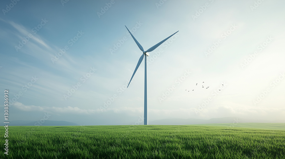 Wind Turbine in Lush Field: A towering wind turbine gracefully stands against a backdrop of a vibrant green field and serene blue sky, a symbol of sustainable energy. Wind Turbine in Lush Field: A towering wind turbine gracefully stands against a backdrop of a vibrant green field and serene blue sky, a symbol of sustainable energy.