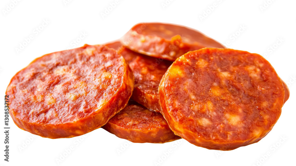 Obraz premium Sliced chorizo sausage on transparent background, showing detail and texture
