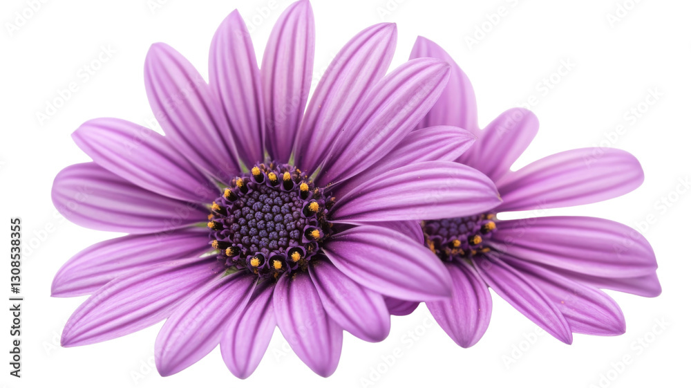 Obraz premium Two vibrant purple african daisies blooming with transparent background