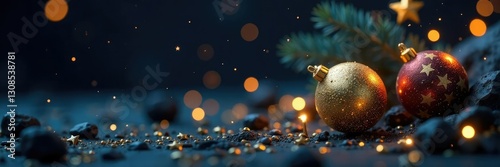 Dark podiem with golden ornaments in starry sky, metallic, night photo