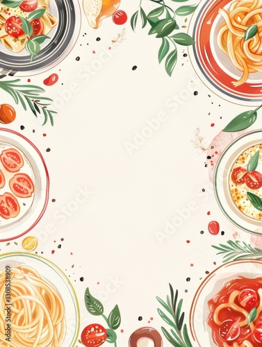Colorful italian cuisine frame with various pasta dishes and ingredients on white background