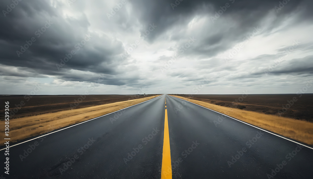 Naklejka premium Open Highway with Yellow Center Line Under Dark Stormy Clouds