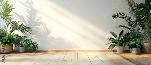 Sunlit room, potted plants, wooden floor. Home decor