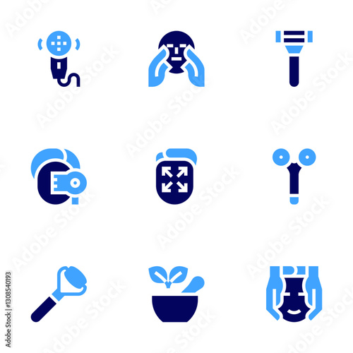 Facial massage icon set. Bold style. Duotone colors. facial massage, mortar, face roller, massager, facial, massage, razor