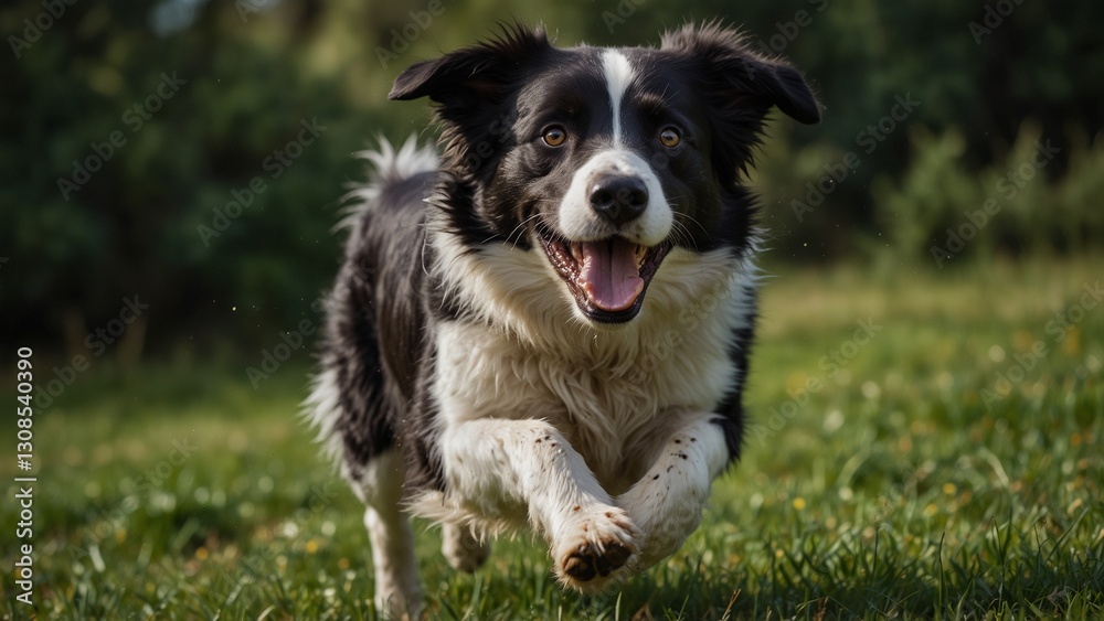 A black and white Border Collie running across a green meadow, with a joyful expression and small specks of dirt kicking up behind it. A black and white Border Collie running across a green meadow, with a joyful expression and small specks of dirt kicking up behind it.