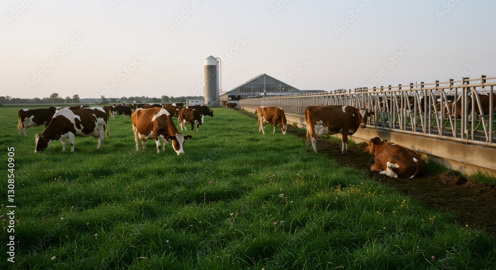 Obraz premium Dairy cows grazing on green pasture near modern farm buildings. Sustainable agriculture and livestock farming. Rural landscape with cattle and silo in background