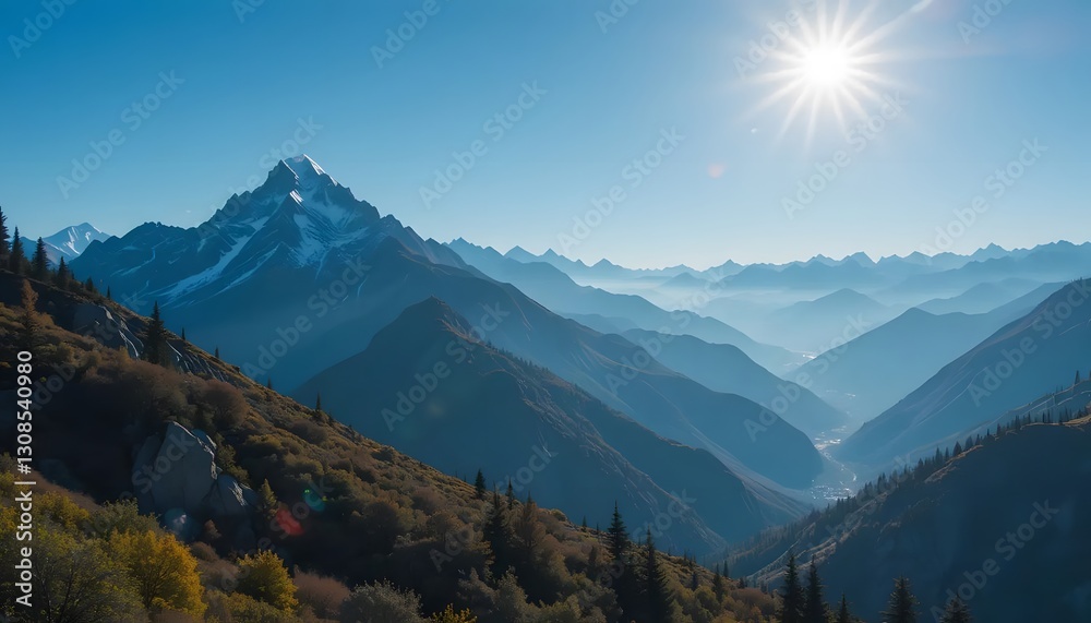 Fototapeta premium Majestic Mountain Range Under Clear Blue Sky with Shining Sun